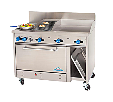 Comstock-Castle F3430-18-1.5RB 48" Gas Restaurant Range, 2 Open Burners, 18" Griddle, 18" Charbroiler, Single Standard Oven, Cabinet Base, Stainless Steel Front, 160,000 BTU - Bakery Wholesalers