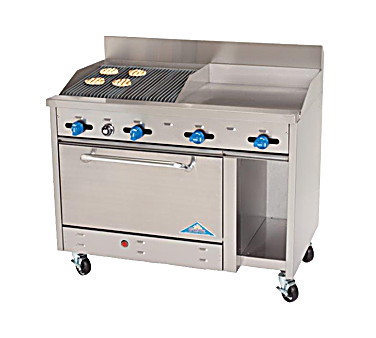 Comstock-Castle F3430-18-2.5RB 48" Gas Restaurant Range, 18" Griddle, 30" Charbroiler, Single Standard Oven, Cabinet Base, Stainless Steel Front, 146,000 BTU - Bakery Wholesalers