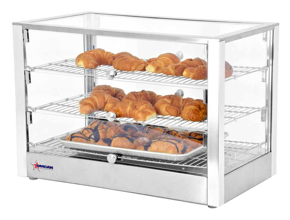 Omcan 28″ Countertop Display Warmer with Square Glass Front – 4 Cu. Ft. (115L), 3-Shelf, 3-Door Self/Full-Service Heated Merchandiser Display Case