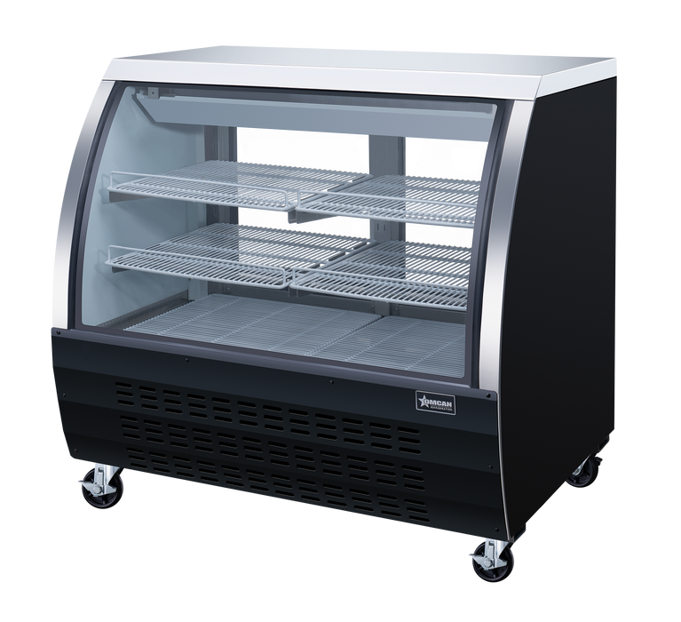 Omcan 47″ Floor Refrigerated Display Case – 18 Cu. Ft. (508L), Two-Shelf Black Bakery & Merchandising Display Cooler