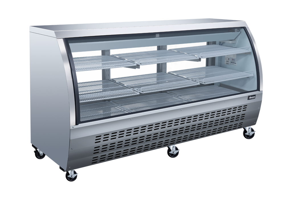 Omcan 82″ Floor Refrigerated Display Case – 32 Cu. Ft. (903L), Two-Shelf Stainless Steel Bakery & Merchandising Display Cooler