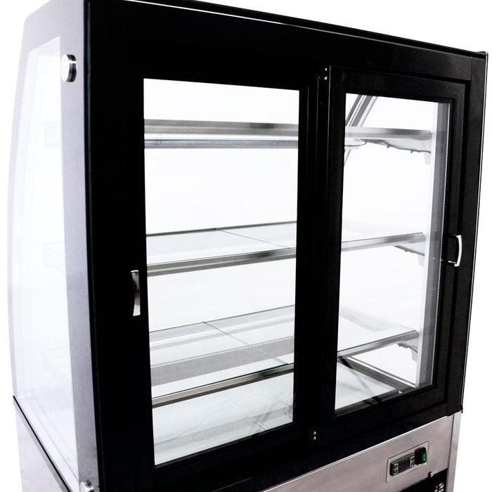 Omcan 36″ Curved Glass Floor Refrigerated Display Showcase – 10.95 Cu. Ft. (310L), Three-Shelf Stainless Steel Bakery & Merchandising Display Cooler