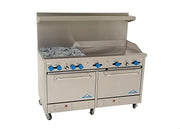 Comstock-Castle F3226-36 60" Gas Restaurant Range, 4 Open Burners, 36" Griddle, 2 Standard Ovens, Stainless Steel Front, 240,000 BTU - Bakery Wholesalers