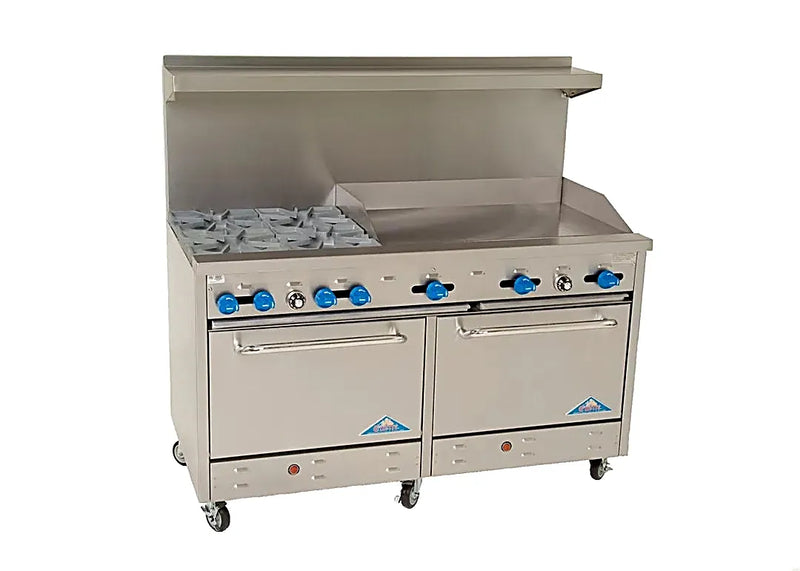 Comstock-Castle F3226-36 60" Gas Restaurant Range, 4 Open Burners, 36" Griddle, 2 Standard Ovens, Stainless Steel Front, 240,000 BTU - Bakery Wholesalers
