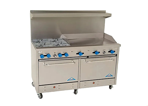 Comstock-Castle F3226-36 60" Gas Restaurant Range, 4 Open Burners, 36" Griddle, 2 Standard Ovens, Stainless Steel Front, 240,000 BTU - Bakery Wholesalers