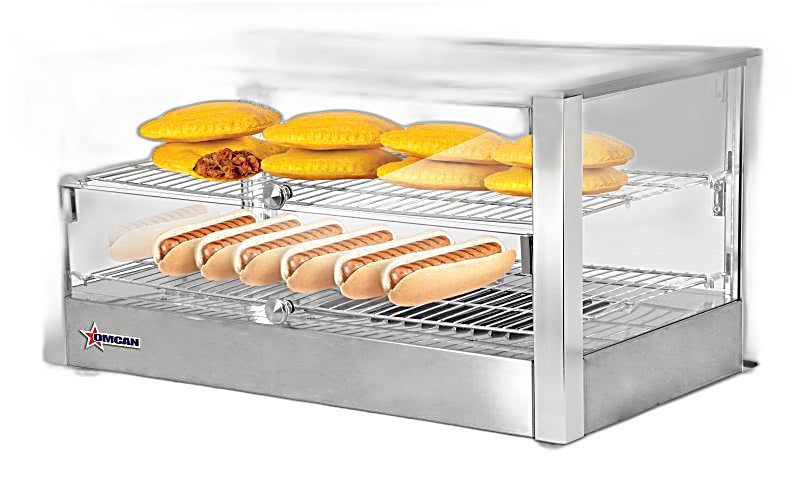 Omcan 28″ Countertop Display Warmer with Square Glass Front – 2.82 Cu. Ft. (80L) Two-Shelf Self-Service & Full-Service Heated Merchandiser Display Case