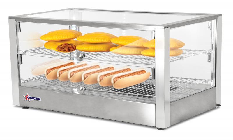 Omcan 28″ Countertop Display Warmer with Square Glass Front – 2.82 Cu. Ft. (80L) Two-Shelf Self-Service & Full-Service Heated Merchandiser Display Case
