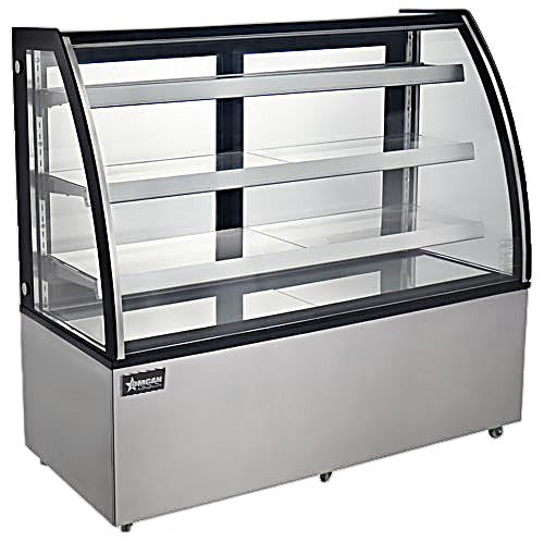 Omcan 60″ Curved Glass Floor Refrigerated Display Case – 18.89 Cu. Ft. (535L), Three-Shelf Stainless Steel Bakery & Merchandising Display Cooler