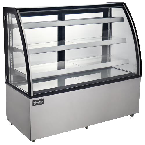 Omcan 60″ Curved Glass Floor Refrigerated Display Case – 18.89 Cu. Ft. (535L), Three-Shelf Stainless Steel Bakery & Merchandising Display Cooler