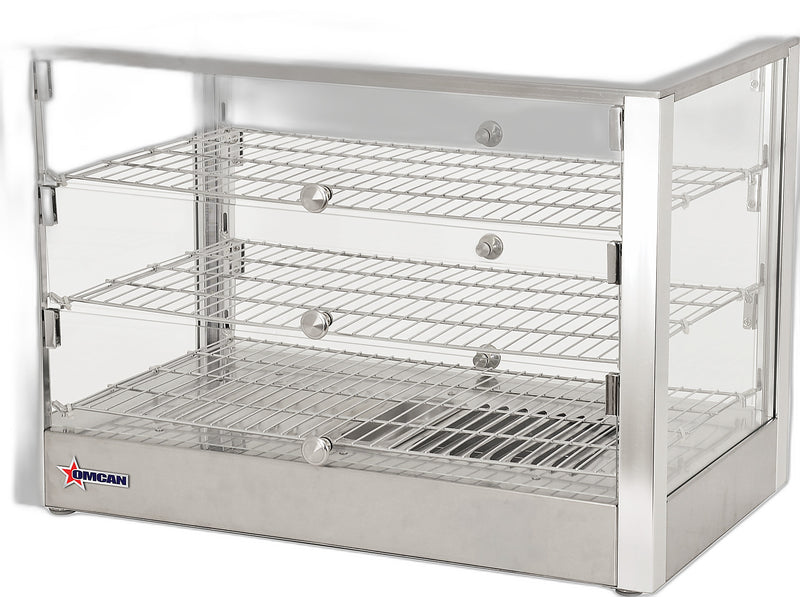 Omcan 28″ Countertop Display Warmer with Square Glass Front – 4 Cu. Ft. (115L), 3-Shelf, 3-Door Self/Full-Service Heated Merchandiser Display Case