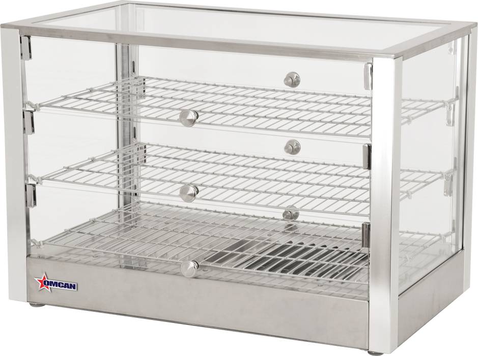 Omcan 28″ Countertop Display Warmer with Square Glass Front – 4 Cu. Ft. (115L), 3-Shelf, 3-Door Self/Full-Service Heated Merchandiser Display Case