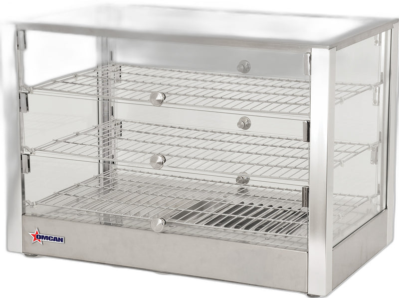 Omcan 28″ Countertop Display Warmer with Square Glass Front – 4 Cu. Ft. (115L), 3-Shelf, 3-Door Self/Full-Service Heated Merchandiser Display Case