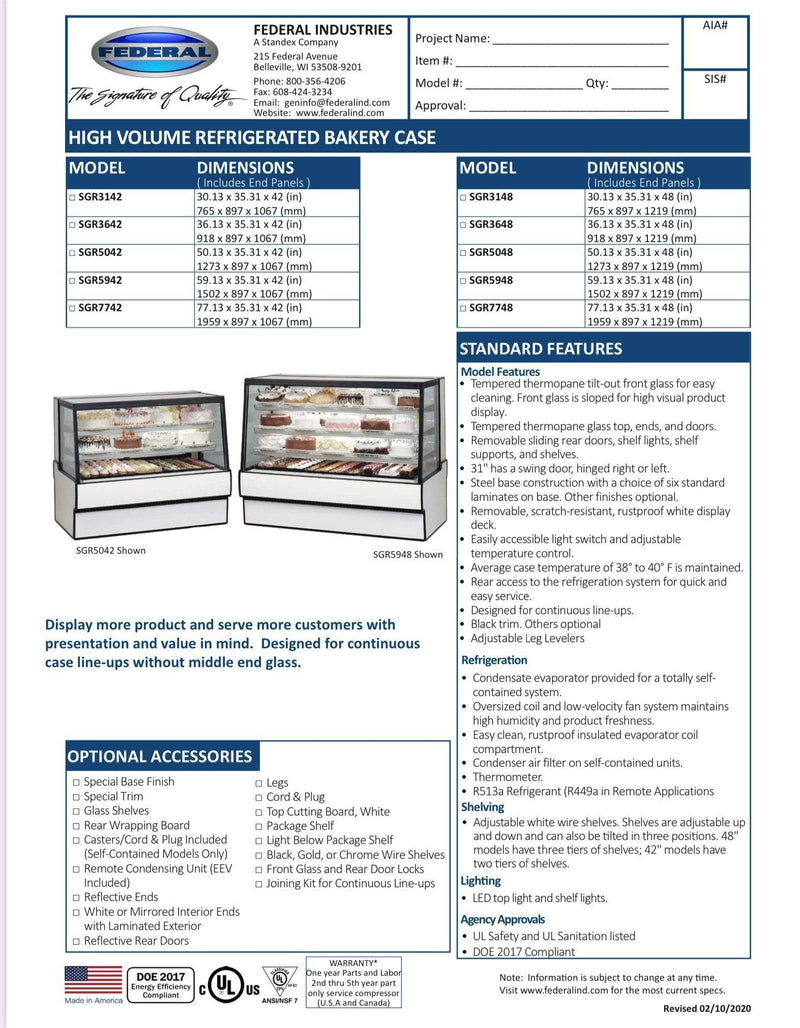 Federal SGR3642 Refrigerated High Volume Series Display Case 36" x 35.31" x 42" - Bakery Wholesalers