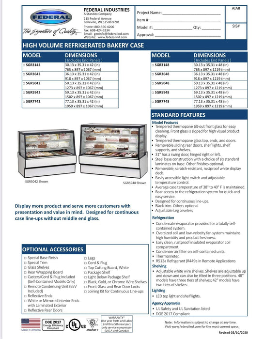 Federal SGR7748 Refrigerated High Volume Series Display Case 77" x 35.31" x 48"