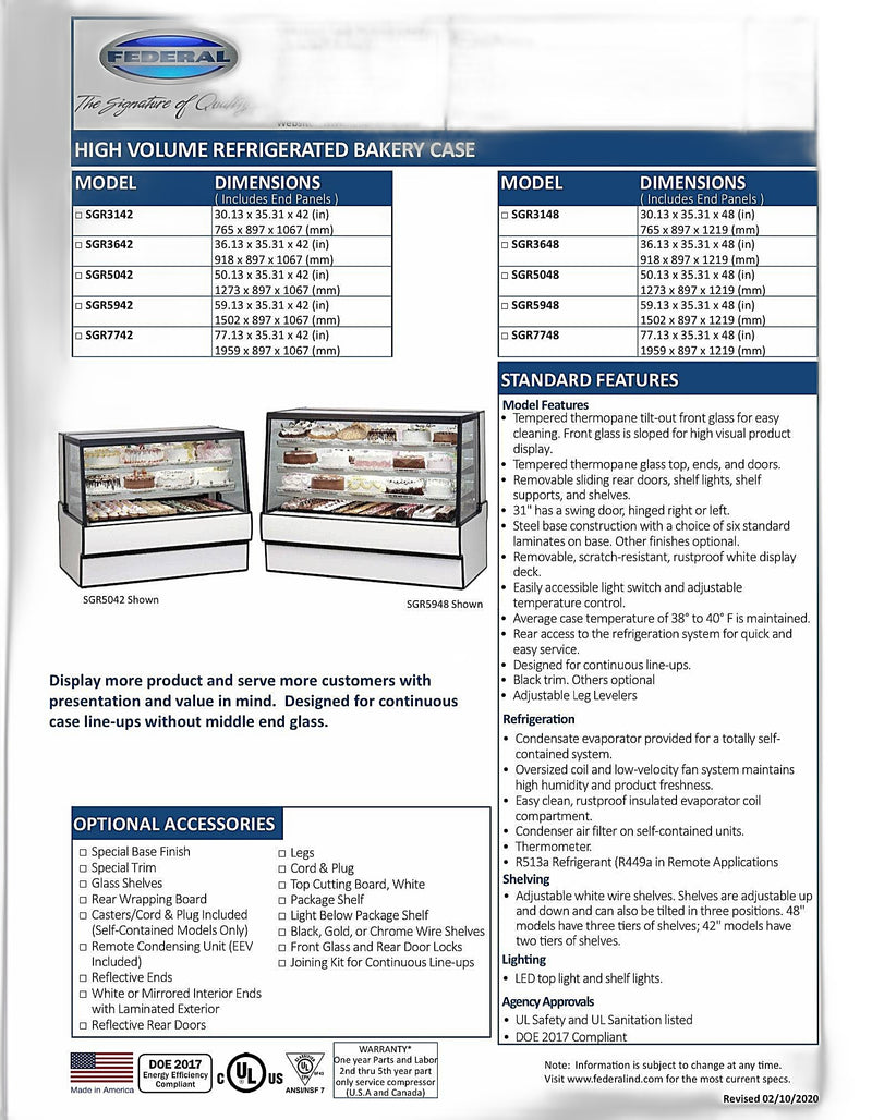 Federal SGR7748 Refrigerated High Volume Series Display Case 77" x 35.31" x 48" - Bakery Wholesalers