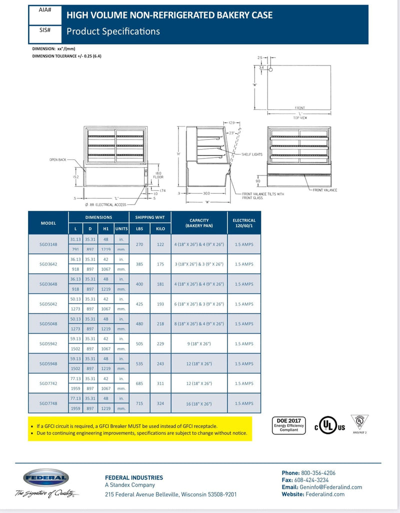 Federal SGD5048 Dry High Volume Series Display Case 50" x 35.31" x 48" - Bakery Wholesalers