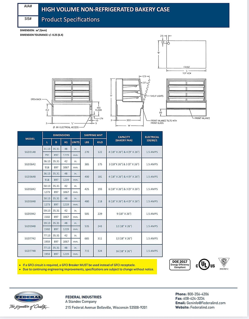 Federal SGD5048 Dry High Volume Series Display Case 50" x 35.31" x 48" - Bakery Wholesalers