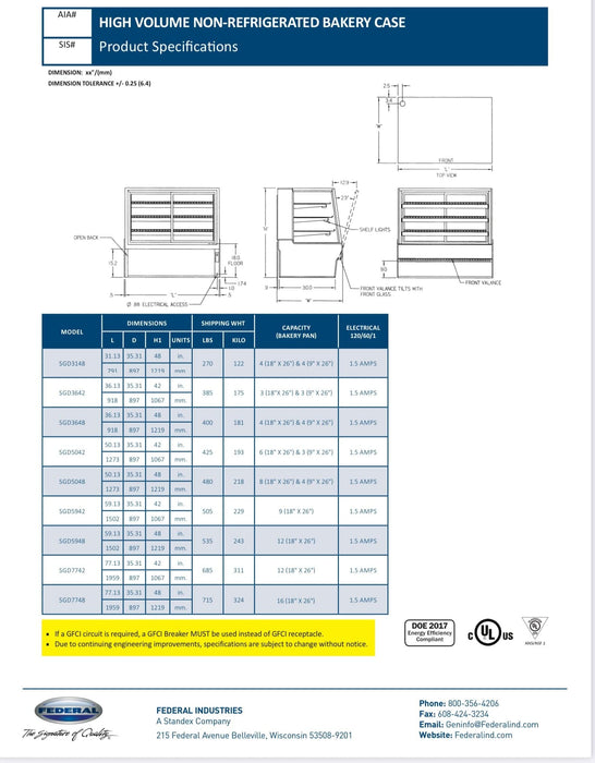 Federal SGD5048 Dry High Volume Series Display Case 50" x 35.31" x 48"