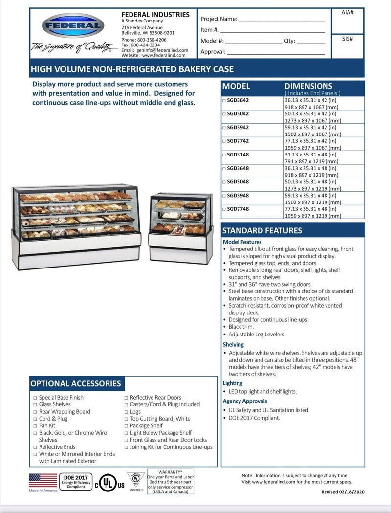 Federal SGD5048 Dry High Volume Series Display Case 50" x 35.31" x 48" - Bakery Wholesalers