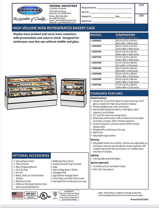 Federal SGD5048 Dry High Volume Series Display Case 50" x 35.31" x 48" - Bakery Wholesalers