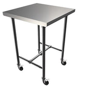 BK Resources 30" x 30" 16 Gauge Stainless Steel Pub Table with H-Brace & Foot Rest – Heavy-Duty • Mobile on Casters - Donut-Equipment.com