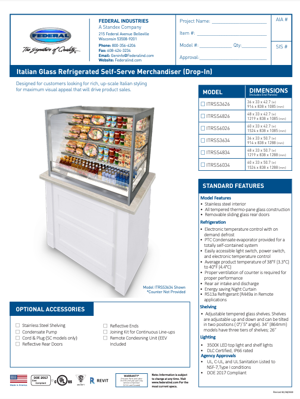 Federal Industries (ITRSS6026)-Italian Series Self Serve Drop-In Refrigerated Open Air Display with Shelves 208-240V - Bakery Wholesalers