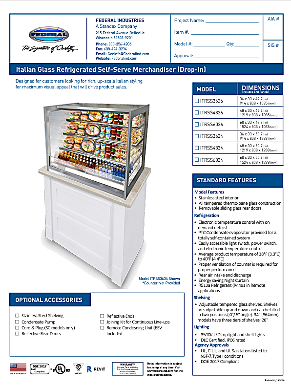 Federal Industries (ITRSS6026)-Italian Series Self Serve Drop-In Refrigerated Open Air Display with Shelves 208-240V - Bakery Wholesalers