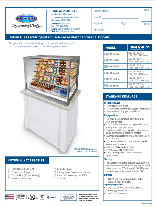 Federal Industries (ITRSS3634)-36" x 34" Italian Series Self Serve Drop-In Refrigerated Open Air Display with Shelves 120V