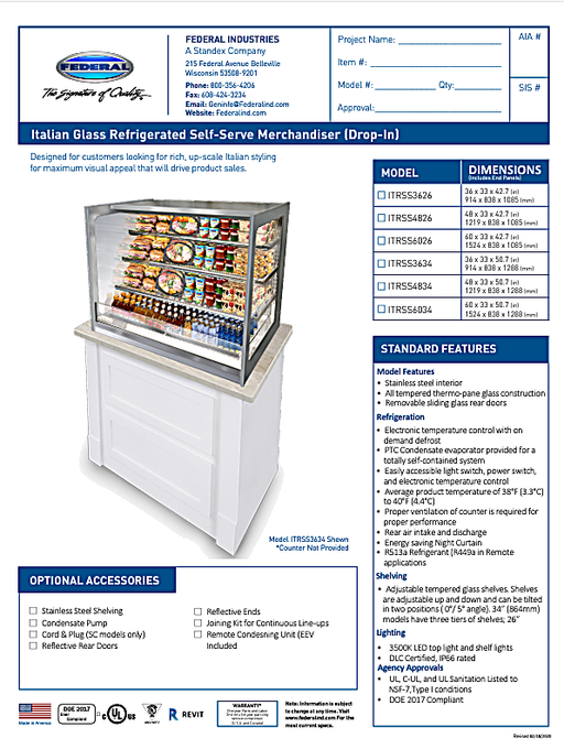 Federal Industries (ITRSS6026)-Italian Series Self Serve Drop-In Refrigerated Open Air Display with Shelves 208-240V - Bakery Wholesalers