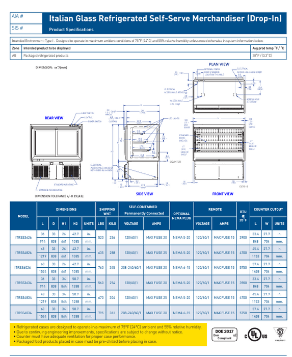 Federal Industries (ITRSS3634)-36" x 34" Italian Series Self Serve Drop-In Refrigerated Open Air Display with Shelves 120V