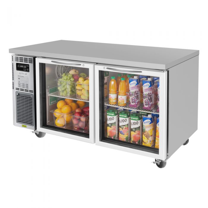 Turbo Air JUR-60-G-N J Series 60" Glass Door Undercounter Refrigerator w/ 2 Sections & Side Mounted Compressor - Bakery Wholesalers