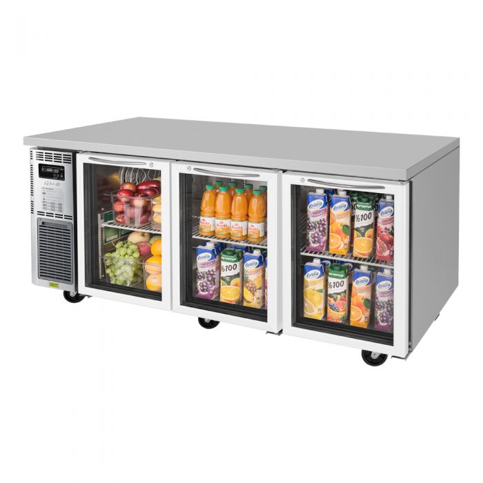 Turbo Air JUR-72-G-N J Series 72" Glass Door Undercounter Refrigerator w/ 3 Sections & Side Mounted Compressor - Bakery Wholesalers