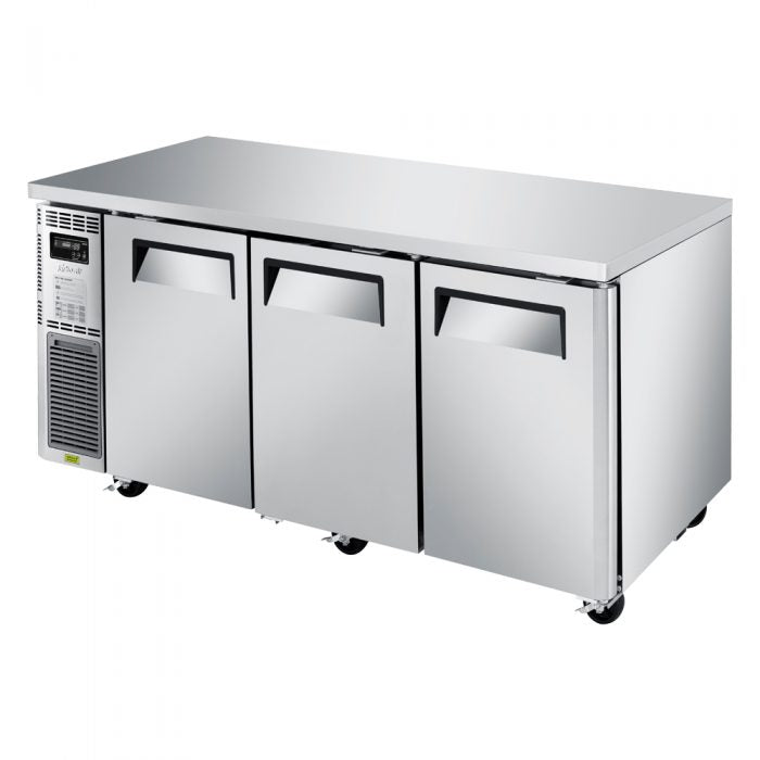 Turbo Air JUR-72S-N6 J Series 72" Narrow Depth Undercounter Refrigerator w/ 3 Sections, Solid Doors & Side Mounted Compressor - Bakery Wholesalers