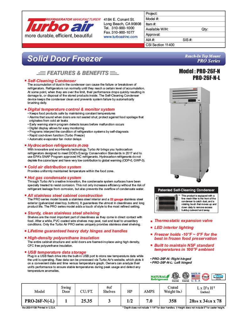 Turbo Air PRO-26F-N 29" Premiere Pro Series Solid Door Reach in Freezer - Donut-Equipment.com