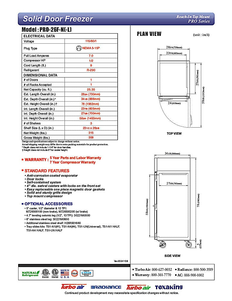 Turbo Air PRO-26F-N 29" Premiere Pro Series Solid Door Reach in Freezer - Donut-Equipment.com