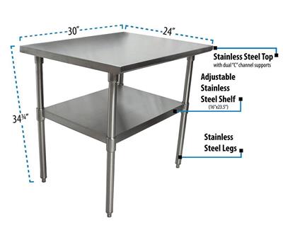 BK Resources 30" x 24" 18 Gauge Stainless Steel Work Table with Undershelf – Prep Table - Donut-Equipment.com
