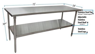BK Resources 72" x 24" 18 Gauge Stainless Steel Work Table with Undershelf – Prep Table - Donut-Equipment.com