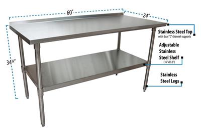 BK Resources 60" x 24" 18 Gauge Stainless Steel Work Table with Undershelf & 1.5" Riser – Prep Table - Donut-Equipment.com