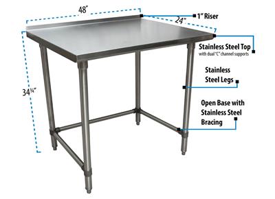 BK Resources 48" x 24" 18 Gauge Stainless Steel Work Table with Open Base & 1.5" Riser – Prep Table - Donut-Equipment.com