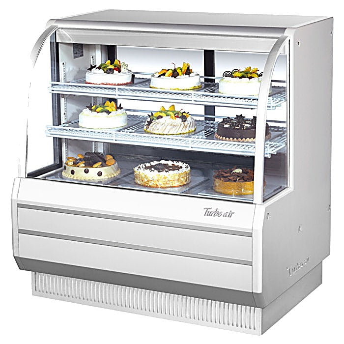 Turbo Air TCGB-48-W-N 48-1/2" Curved Glass Full-Service Refrigerated Bakery Display Case, 3 Levels, White Exterior, 115v - Donut-Equipment.com