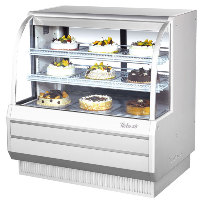 Turbo Air TCGB-48-W-N 48-1/2" Curved Glass Full-Service Refrigerated Bakery Display Case, 3 Levels, White Exterior, 115v - Bakery Wholesalers