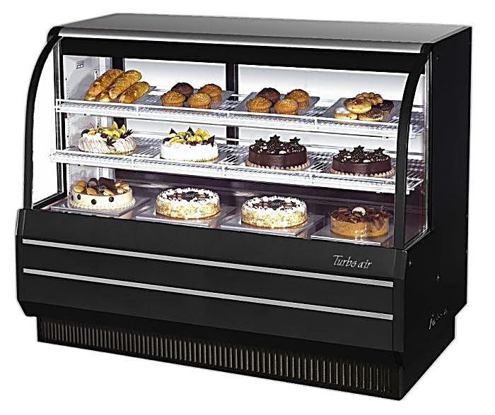 Turbo Air TCGB-60-B-N 60-1/2" Curved Glass Full-Service  Refrigerated Bakery Display Case, 3 Levels, Black Exterior, 115v - Donut-Equipment.com