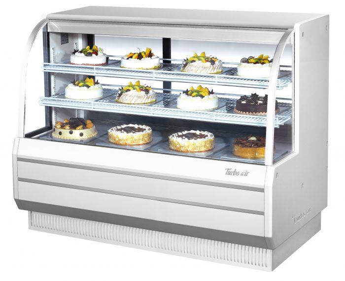 Turbo Air TCGB-60-W-N 60-1/2" Curved Glass Full-Service Refrigerated Bakery Display Case, 3 Levels, White Exterior, 115v - Bakery Wholesalers