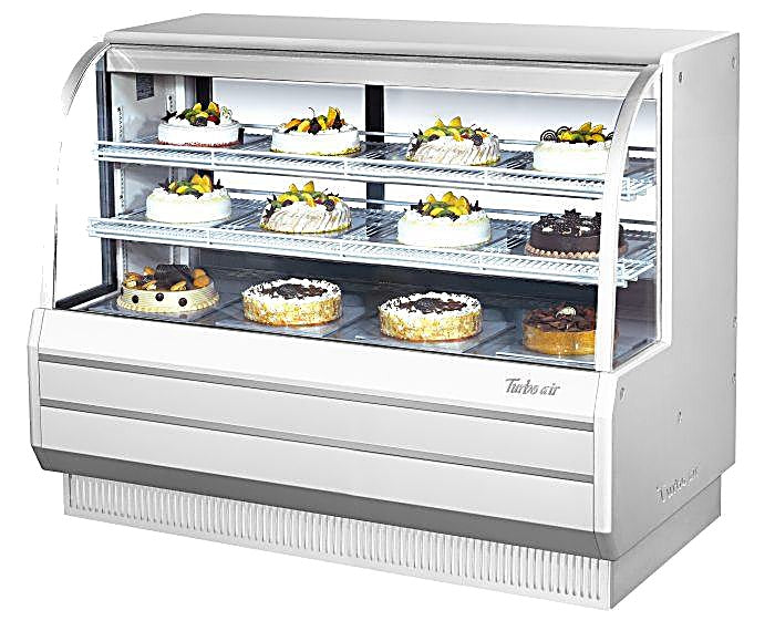 Turbo Air TCGB-60-W-N 60-1/2" Curved Glass Full-Service Refrigerated Bakery Display Case, 3 Levels, White Exterior, 115v - Donut-Equipment.com