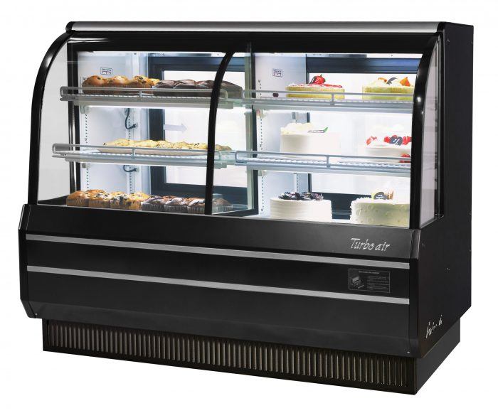 Turbo Air TCGB-60CO-B-N 60-1/2" Curved Glass Full-Service Dual Zone Dry/Refrigerated Bakery Display Case, 3 Levels, Black Exterior, 115v - Bakery Wholesalers