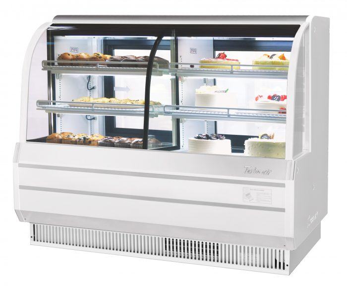 Turbo Air TCGB-60CO-W-N 60-1/2" Curved Glass Full-Service Dual Zone Dry/Refrigerated Bakery Display Case, 3 Levels, White Exterior, 115v - Bakery Wholesalers