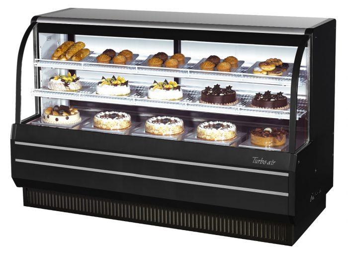 Turbo Air TCGB-72-B-N 72-1/2" Curved Glass Full-Service Refrigerated Bakery Display Case, 3 Levels, Black Exterior, 115v - Bakery Wholesalers