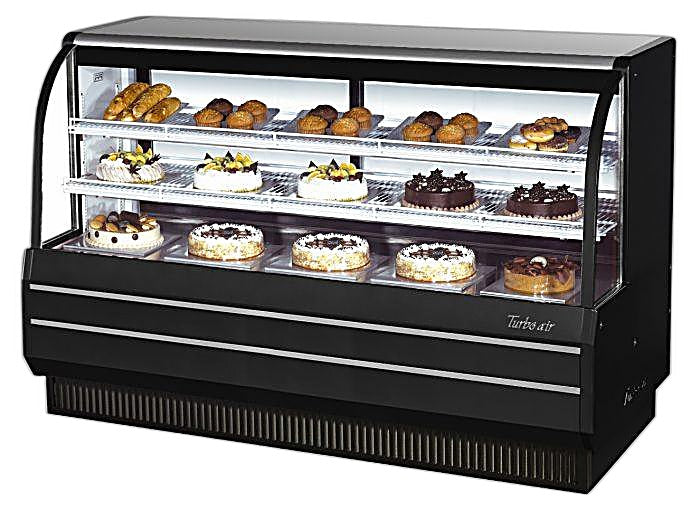 Turbo Air TCGB-72-B-N 72-1/2" Curved Glass Full-Service Refrigerated Bakery Display Case, 3 Levels, Black Exterior, 115v - Donut-Equipment.com