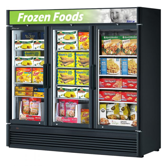 Turbo Air TGF-72SDB-N 78" Black Super Deluxe Three Section Display Freezer – (3) Swing Doors, LED Lighting, 115v - Bakery Wholesalers