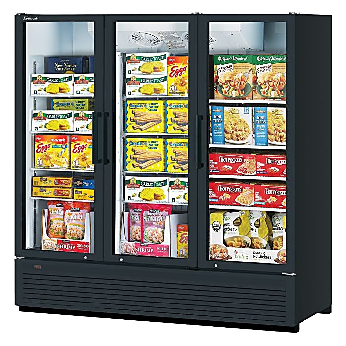 Turbo Air TGF-72SDHB-N 78" Black Super Deluxe Three Section Display Freezer w/ Swing Doors – Bottom Mount Compressor, LED Lighting, 115v - Donut-Equipment.com
